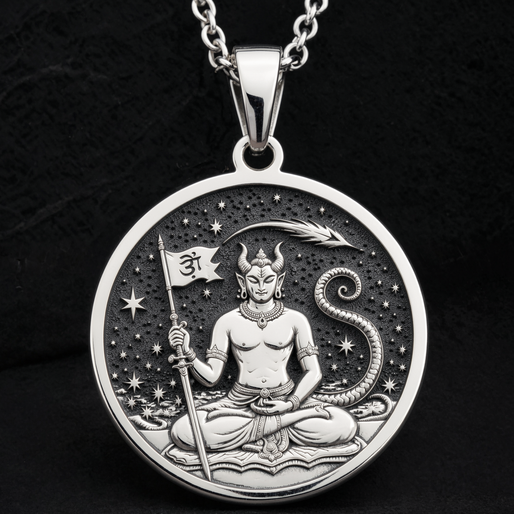 Ketu Vedic Lunar Node Astrological Pendant — Solid 925 Sterling Silver polished coin detail