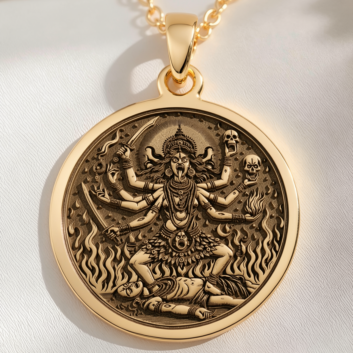 Kali Ma Goddess Skull Garland Pendant Necklaces 14K 14K Gold Plated pendant necklace featuring a multi-headed deity design with skulls and flames.