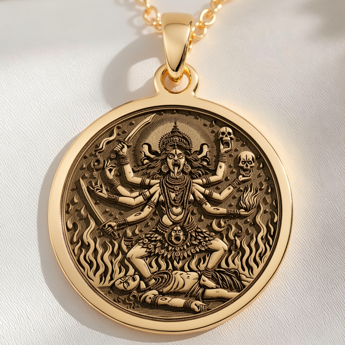 Kali Ma Goddess Skull Garland Pendant Necklaces 14K 14K Gold Plated pendant necklace featuring a multi-headed deity design with skulls and flames.