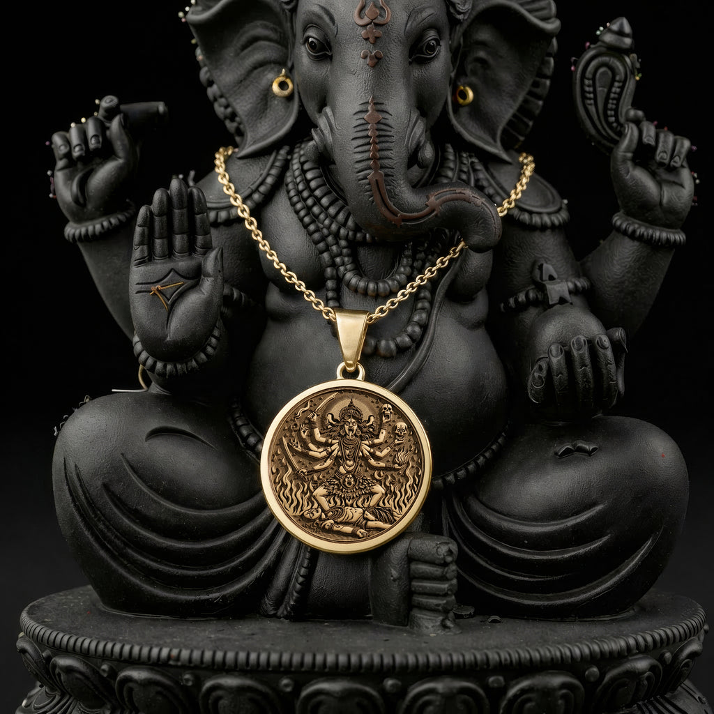 Kali Ma Goddess Skull Garland Pendant Necklaces 14K 14K Gold Plated necklace with round circular pendant featuring an ornate deity design.