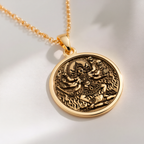 Kali Ma Goddess Skull Garland Pendant Necklaces 14K 14K Gold Plated pendant necklace featuring intricate mythological figures in a circular design.