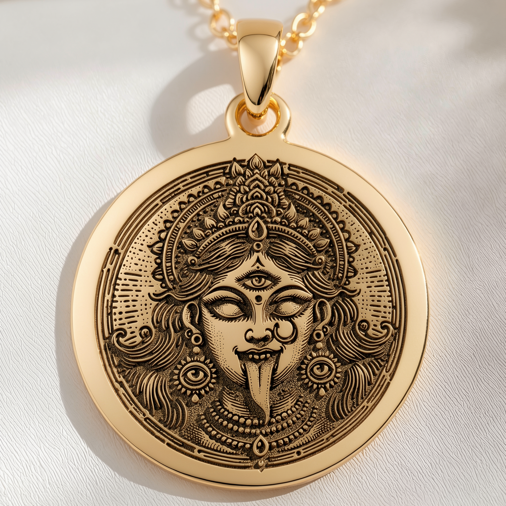 Kali Ma Skull Garland Tantra Pendant Necklaces 14K 14K Gold Plated plated pendant necklace featuring an ornate ethnic face portrait design.