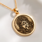 Kali Ma Skull Garland Tantra Pendant Necklaces 14K 14K Gold Plated engraved portrait pendant necklace with intricate mythological face design