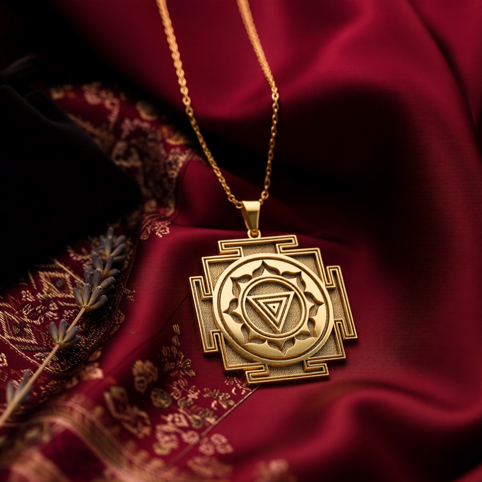 Kali Yantra Spiritual Amulet Necklace Necklaces 14K 14K Gold Plated plated rectangular pendant with geometric mandala design necklace