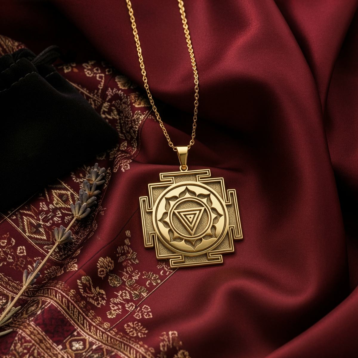 Kali Yantra Spiritual Amulet Necklace Necklaces 14K 14K Gold Plated geometric mandala pendant necklace on red fabric background