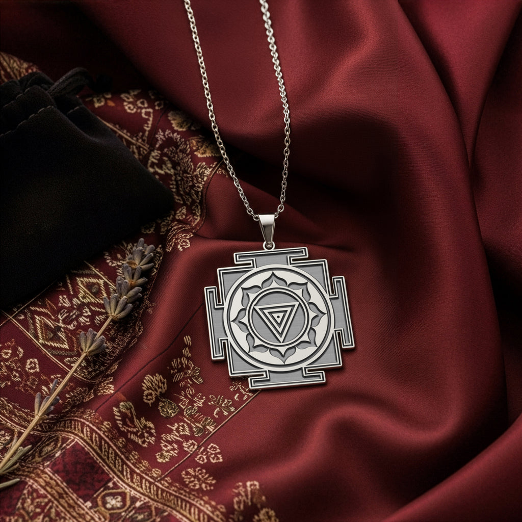 Kali Yantra Spiritual Protection Necklace — Solid 925 Sterling Silver angled engraving detail