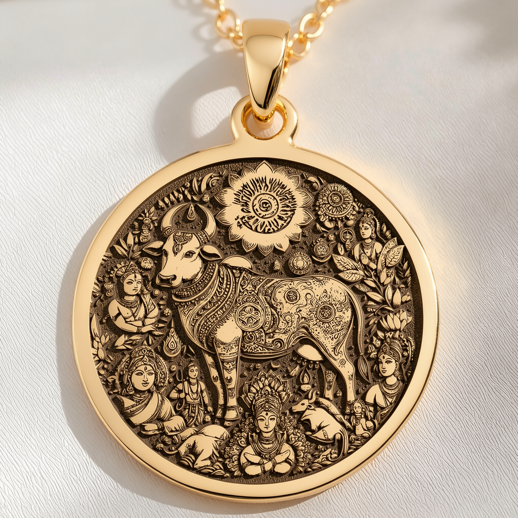 Kamadhenu Cow Hindu Cow Pendant Necklaces 14K 14K Gold Plated pendant featuring a detailed bull and figures in an ornate circular design necklace