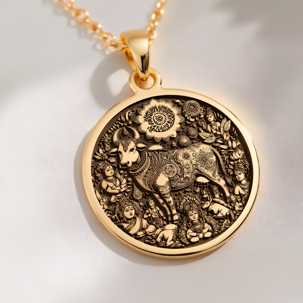 Kamadhenu Cow Hindu Cow Pendant Necklaces 14K 14K Gold Plated pendant necklace featuring an ornate bull design with floral wreath and figures.