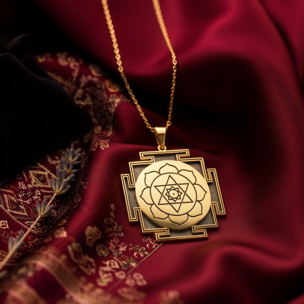 14K Solid Gold Kamala Yantra Sacred Geometry Protection Medallion Necklace — front studio view