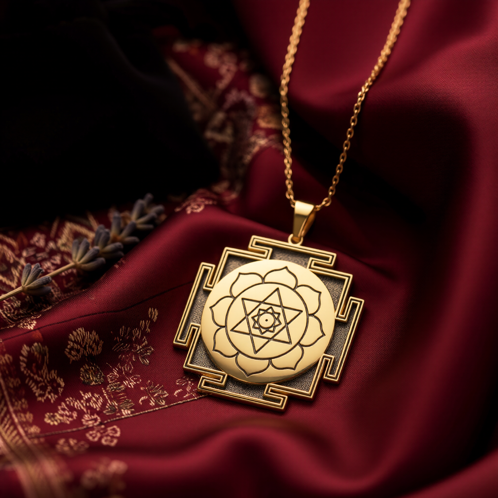 14K Solid Gold Kamala Yantra Sacred Geometry Protection Medallion Necklace — studio detail (gallery angle 3)