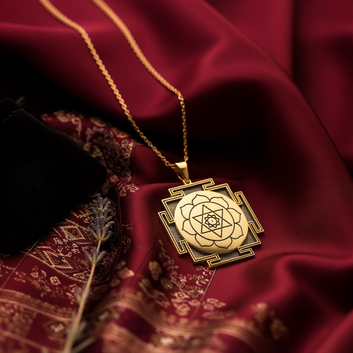 14K Solid Gold Kamala Yantra Sacred Geometry Protection Medallion Necklace — studio detail (gallery angle 4)