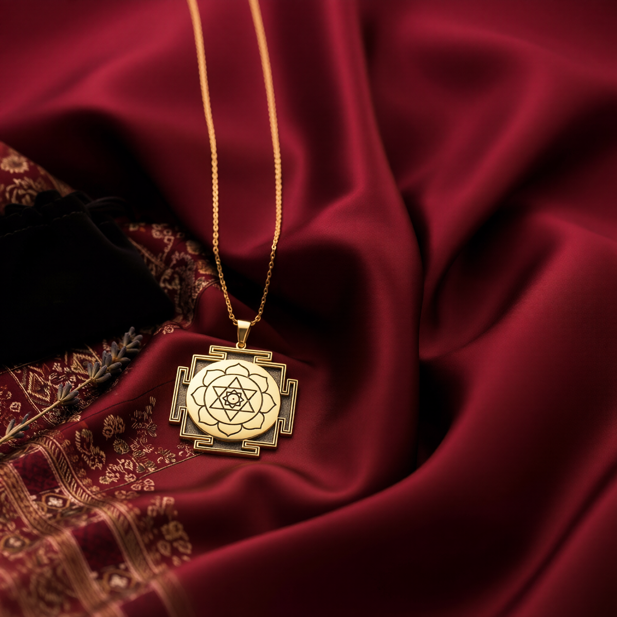 14K Solid Gold Kamala Yantra Sacred Geometry Protection Medallion Necklace — studio detail (gallery angle 5)