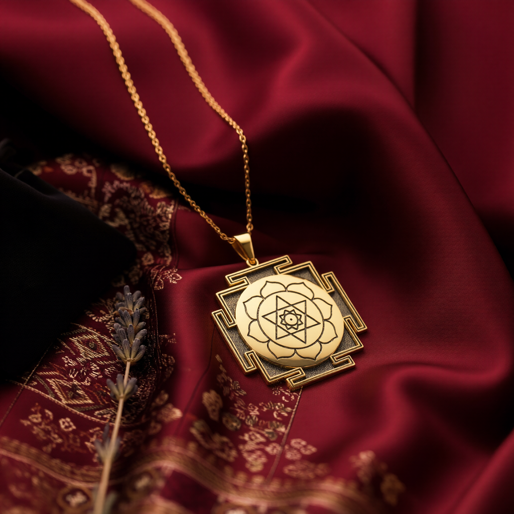 Kamala Yantra Sacred Geometry Necklace in 14K Solid Gold — overhead top-arc perspective showing medallion bevel and bail