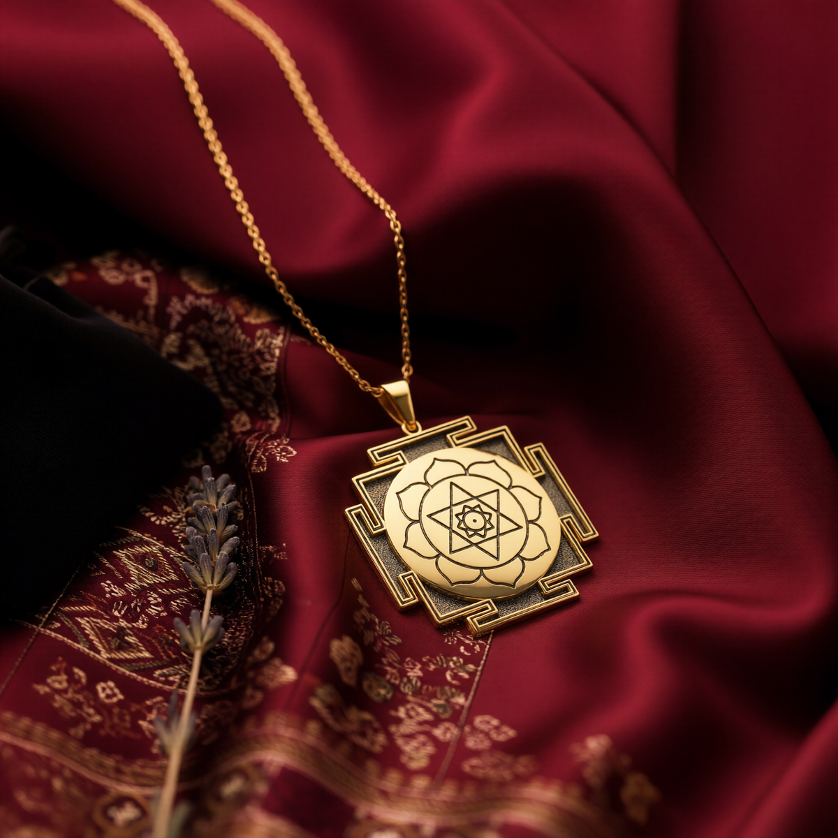 Kamala Yantra Sacred Geometry Necklace in 14K Solid Gold — overhead top-arc perspective showing medallion bevel and bail