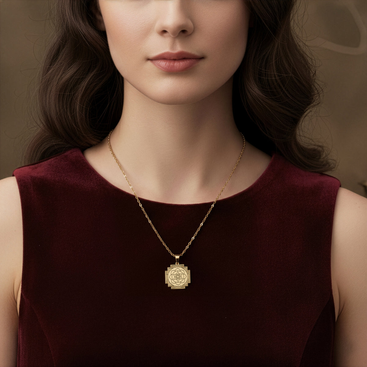 Kamala Yantra Sacred Geometry Necklace in 14K Solid Gold — full neckline styling portrait with fine gold chain