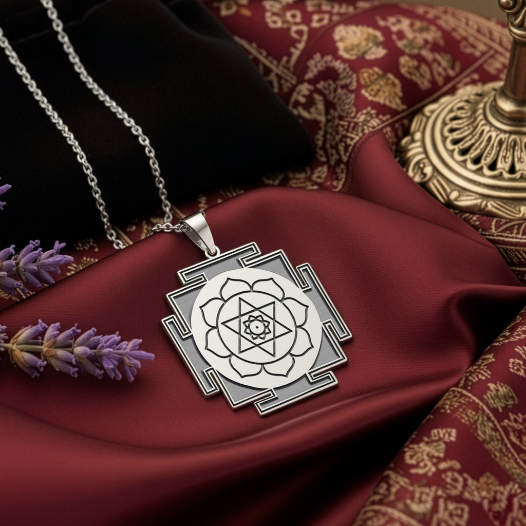 Kamala Yantra Protection Amulet Necklace — Solid 925 Sterling Silver front view