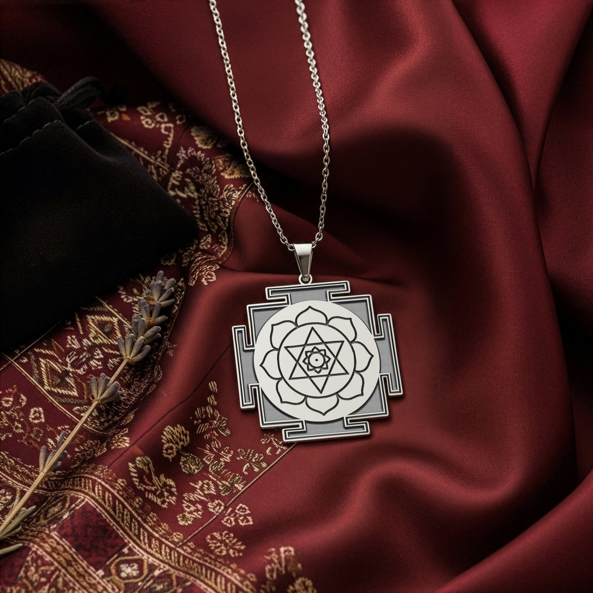 Kamala Yantra Protection Amulet Necklace — Solid 925 Sterling Silver angled engraving detail