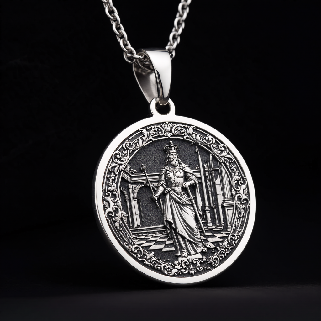 King Chess Coin Necklace: Silver Leader Symbol Pendant