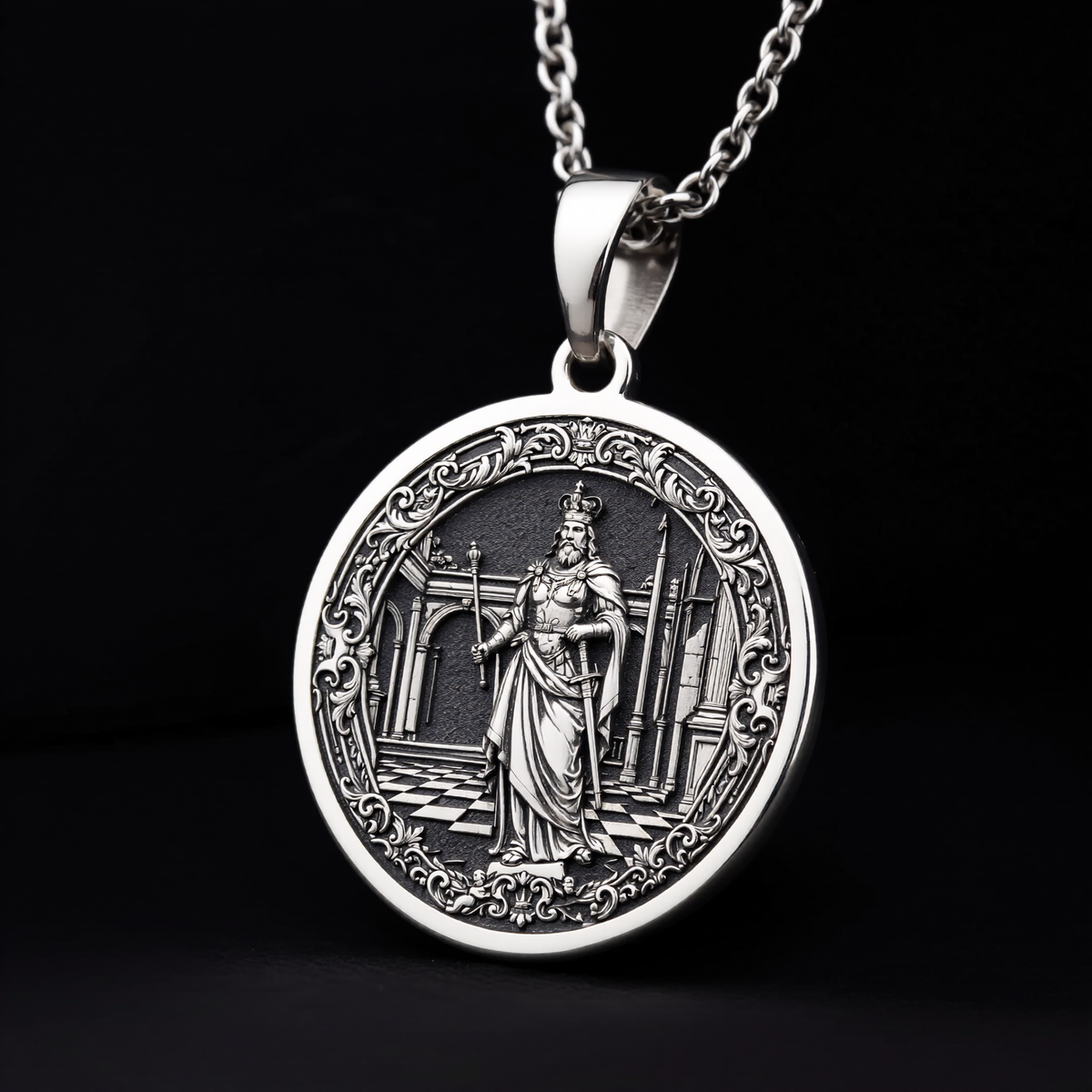 King Chess Coin Necklace: Silver Leader Symbol Pendant