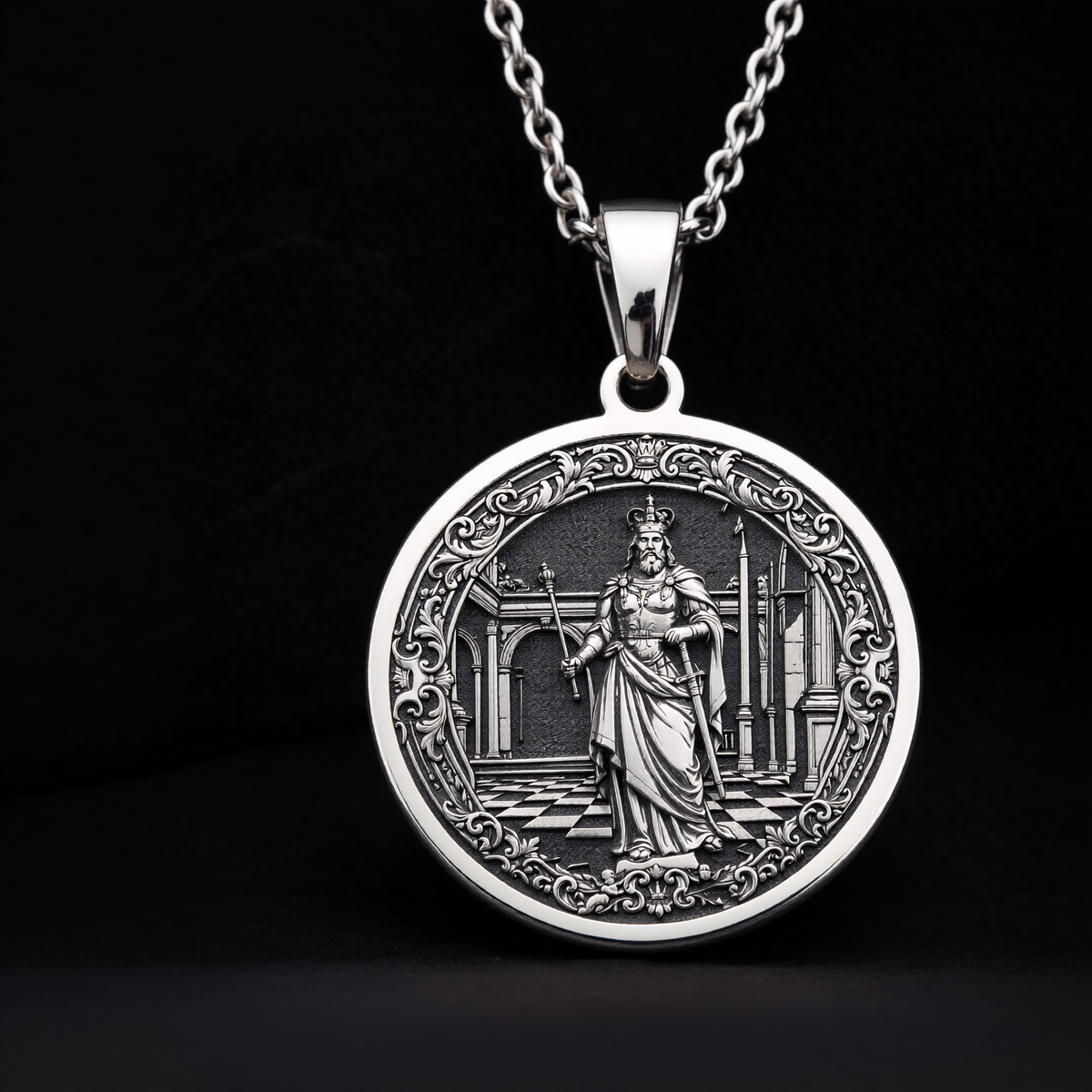 King Chess Coin Necklace: Silver Leader Symbol Pendant