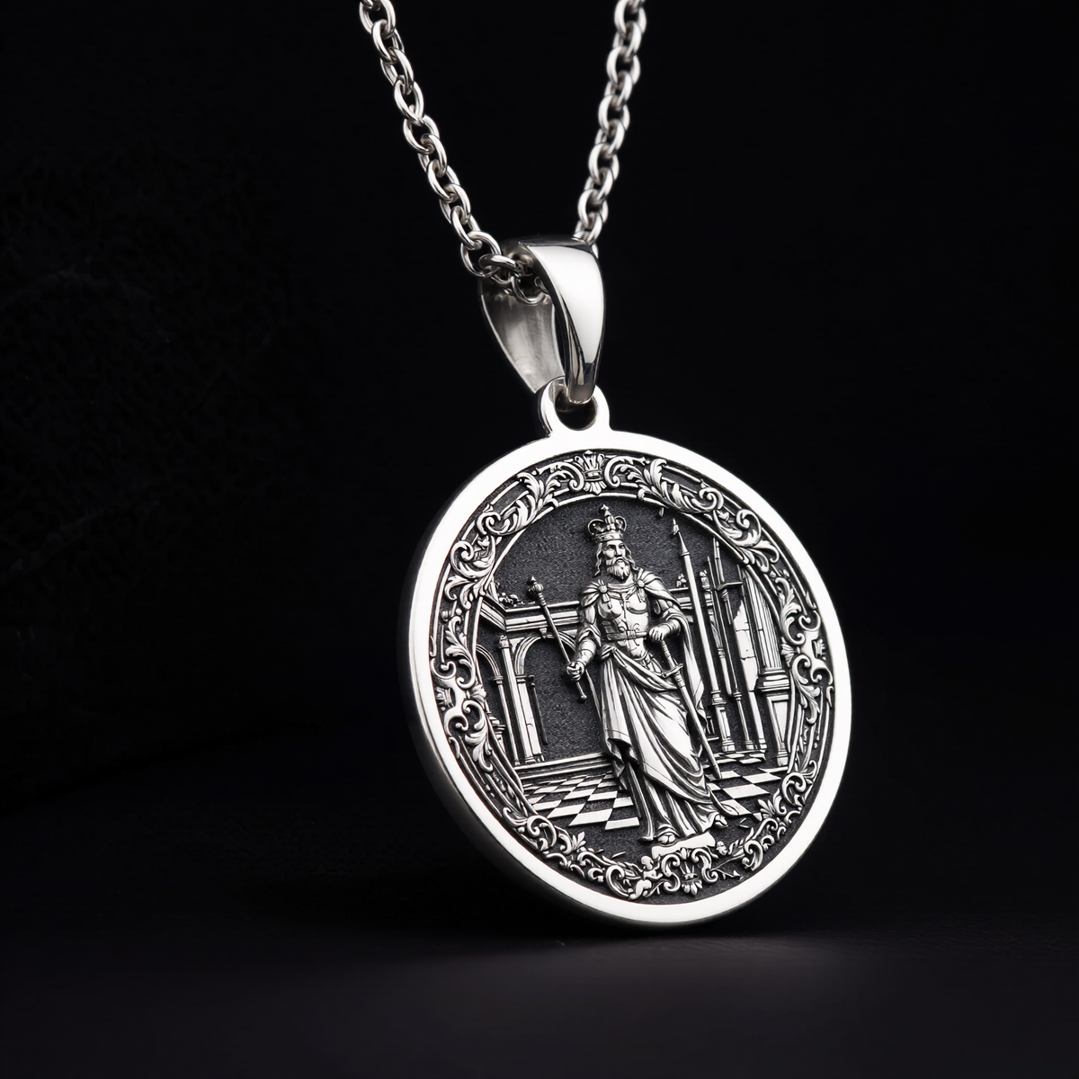 King Chess Coin Necklace: Silver Leader Symbol Pendant
