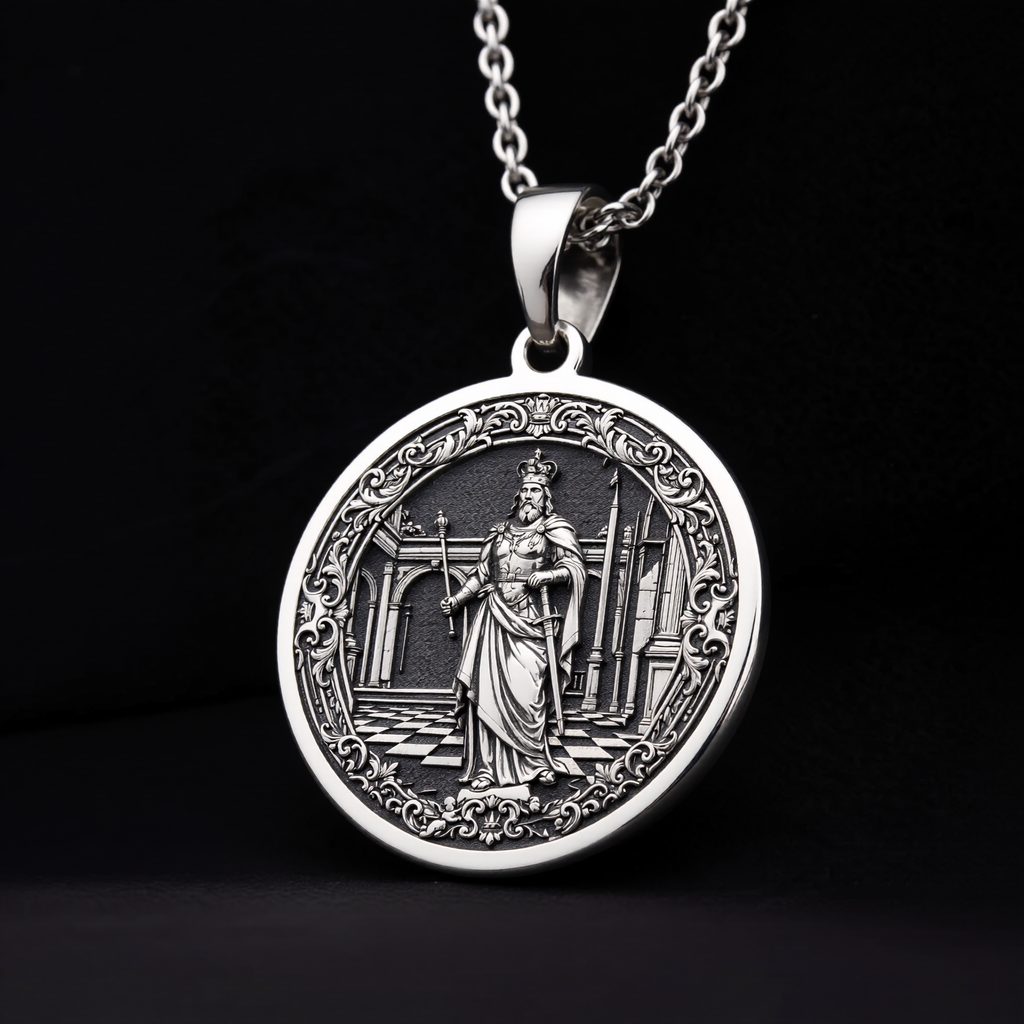 King Chess Coin Necklace: Silver Leader Symbol Pendant