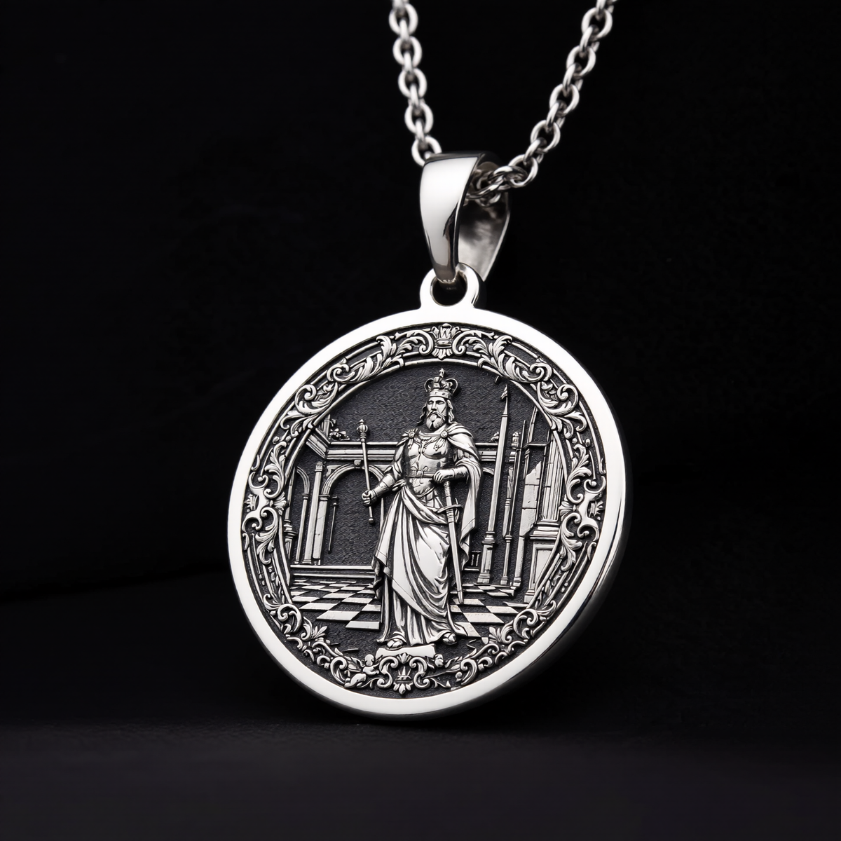 King Chess Coin Necklace: Silver Leader Symbol Pendant