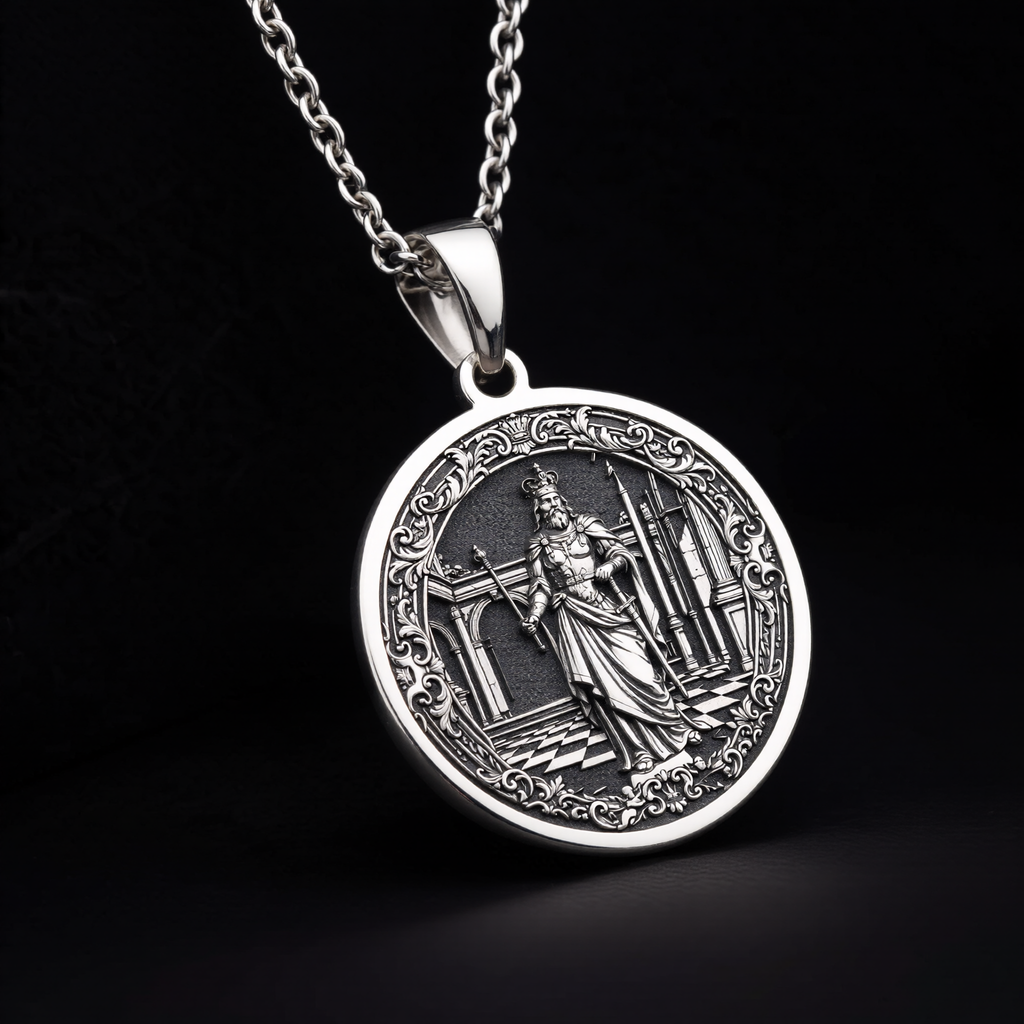 King Chess Coin Necklace: Silver Leader Symbol Pendant