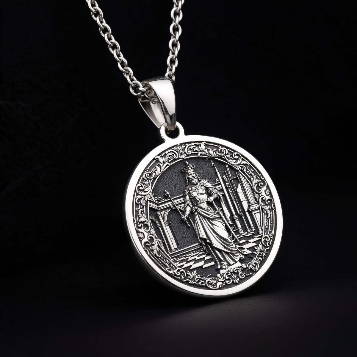 King Chess Coin Necklace: Silver Leader Symbol Pendant