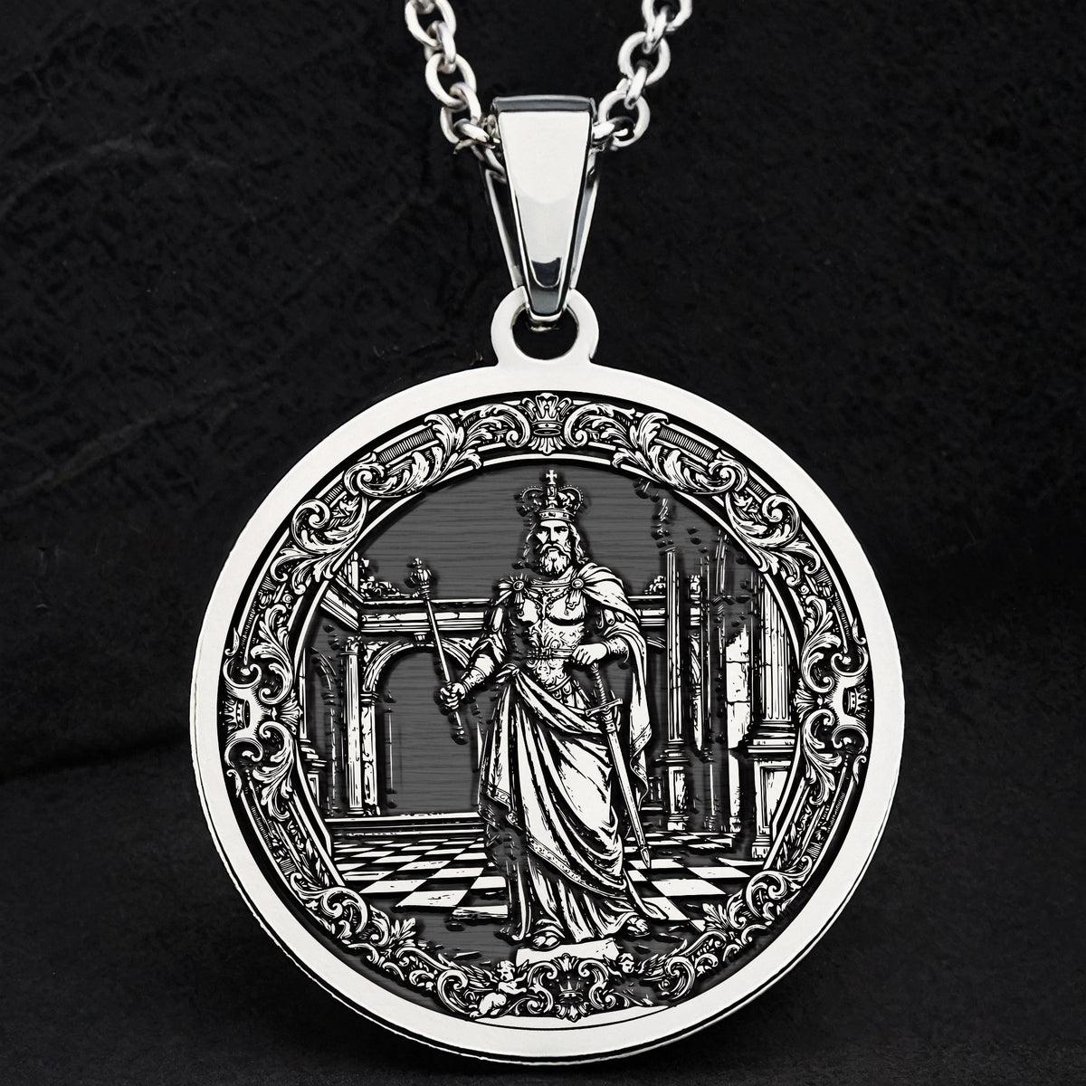 King Chess Coin Necklace: Silver Leader Symbol Pendant