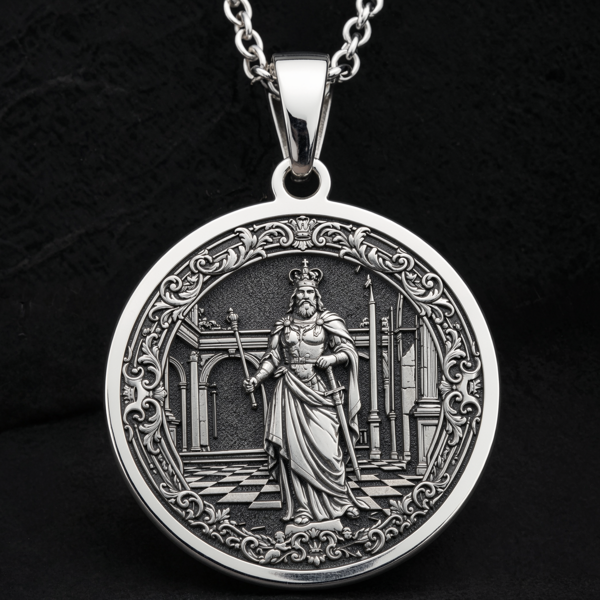 King Chess Coin Necklace: Silver Leader Symbol Pendant