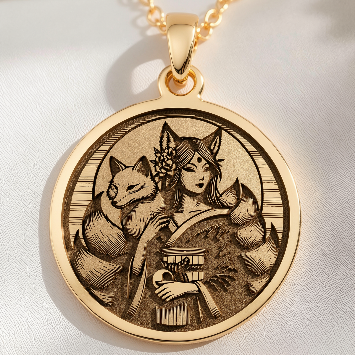Kitsune Fox Medallion Necklace Necklaces 14K 14K Gold Plated pendant necklace featuring an engraved portrait of a woman with a fox illustration.