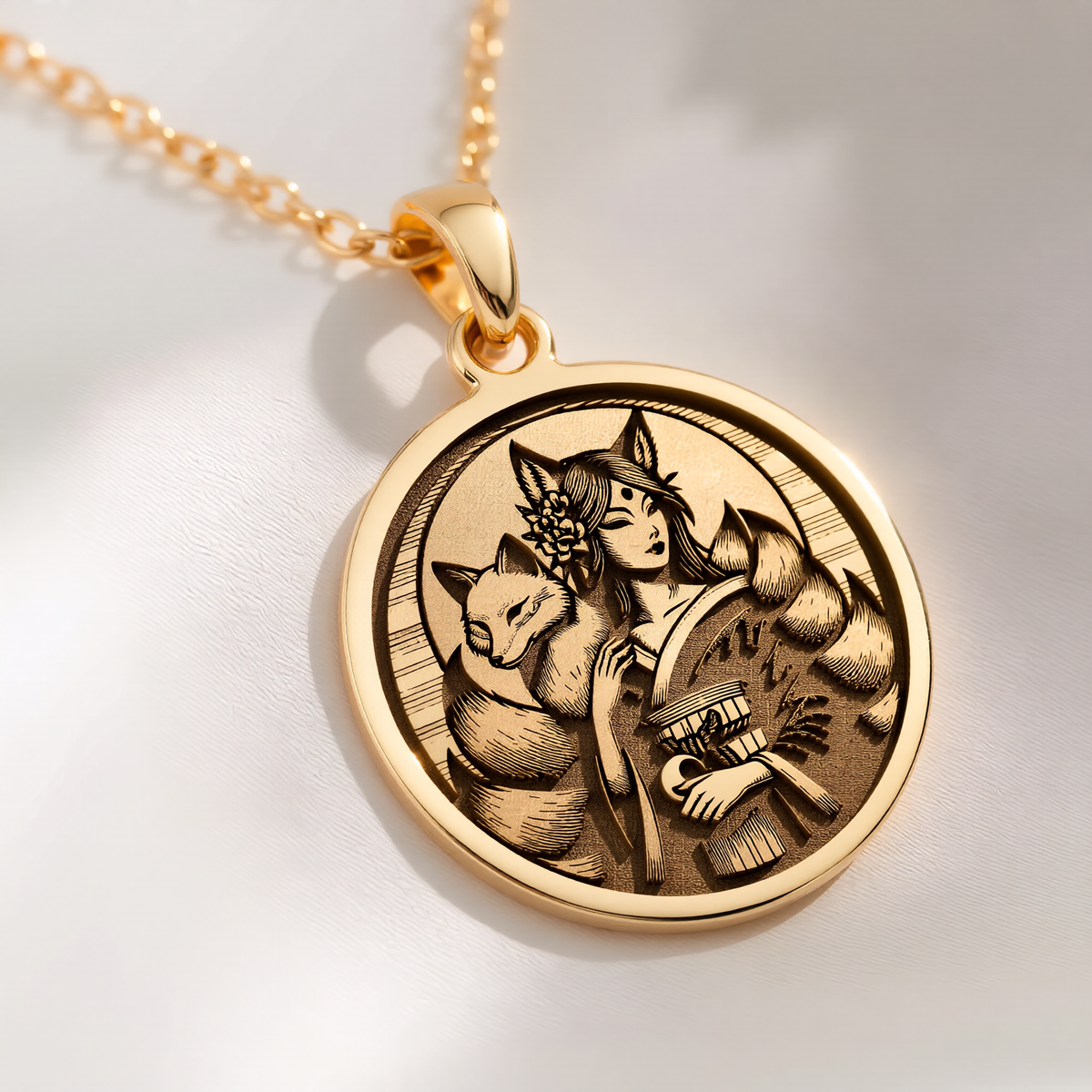Kitsune Fox Medallion Necklace Necklaces 14K 14K Gold Plated round pendant featuring a woman and cat illustration necklace