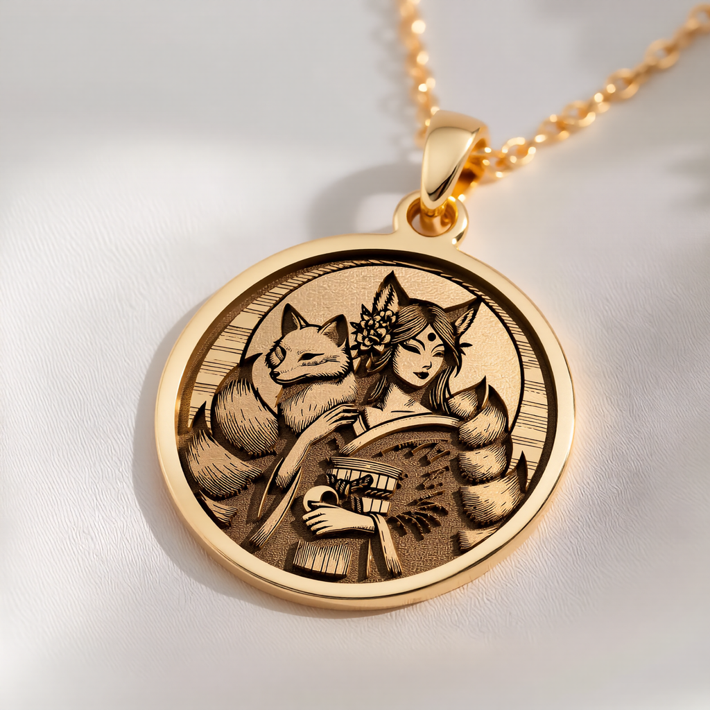 Kitsune Fox Medallion Necklace Necklaces 14K 14K Gold Plated round pendant featuring a stylized portrait of a woman and cat design.
