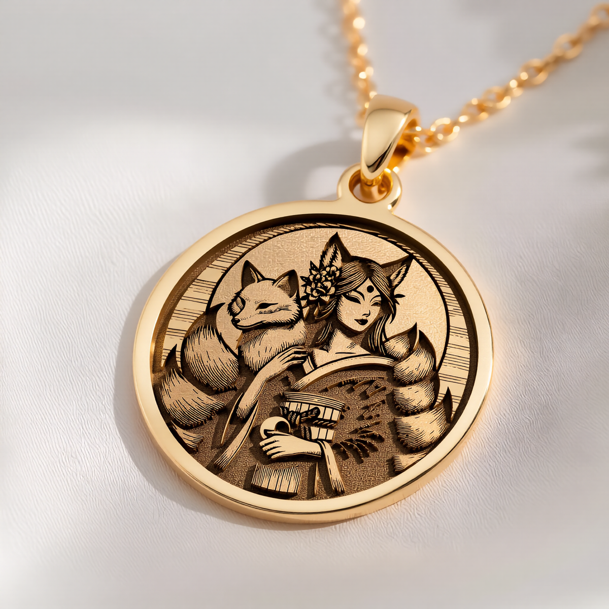 Kitsune Fox Medallion Necklace Necklaces 14K 14K Gold Plated round pendant featuring a stylized portrait of a woman and cat design.