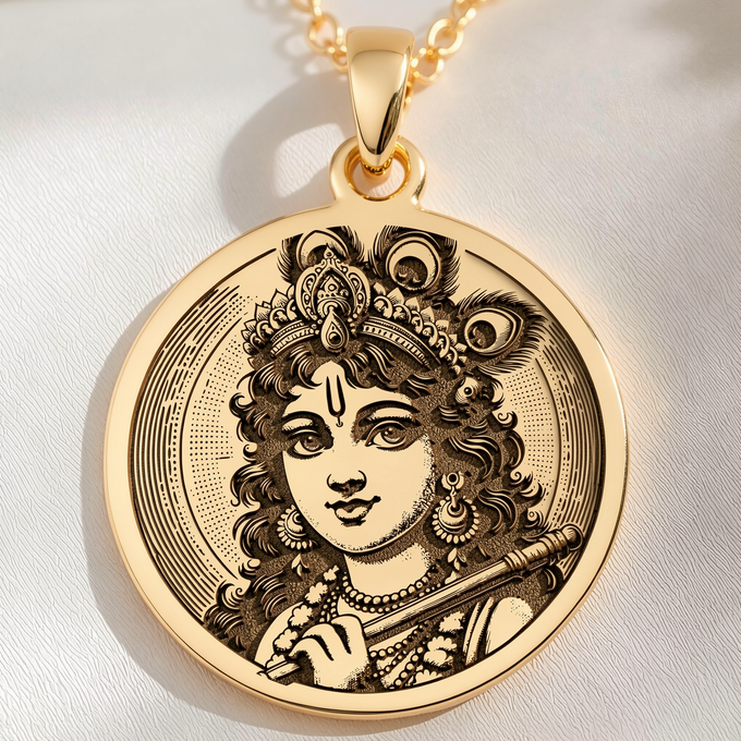 Krishna God Talisman Necklace Necklaces 14K 14K Gold Plated pendant necklace featuring an ornate ethnic portrait design.