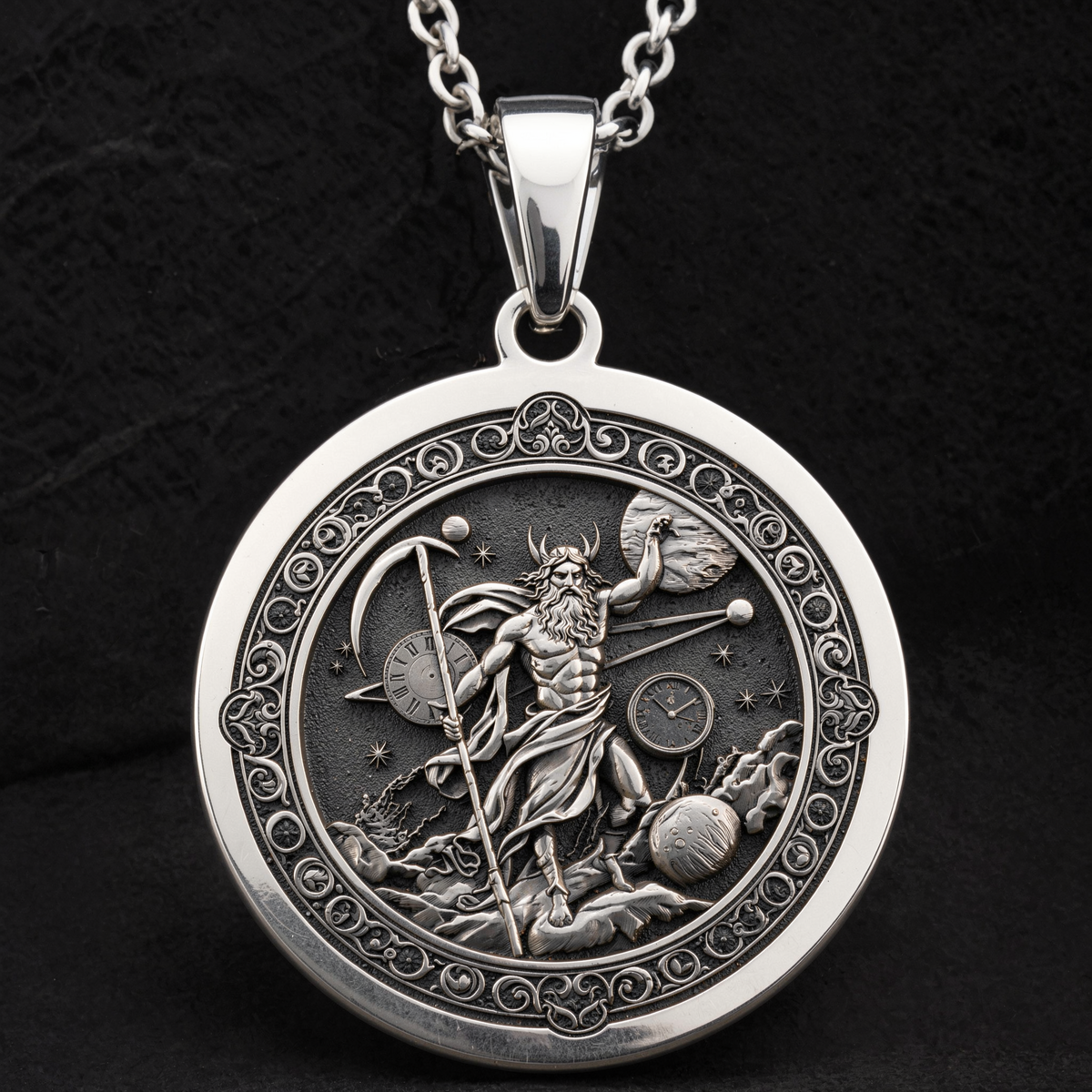 Cronus Titan Time Lord Necklace Necklaces 925 925 Sterling Silver round pendant featuring a mythological warrior figure and celestial design necklace
