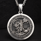 Cronus Titan Time Lord Necklace Necklaces 925 925 Sterling Silver round pendant featuring a mythological warrior figure and celestial design necklace