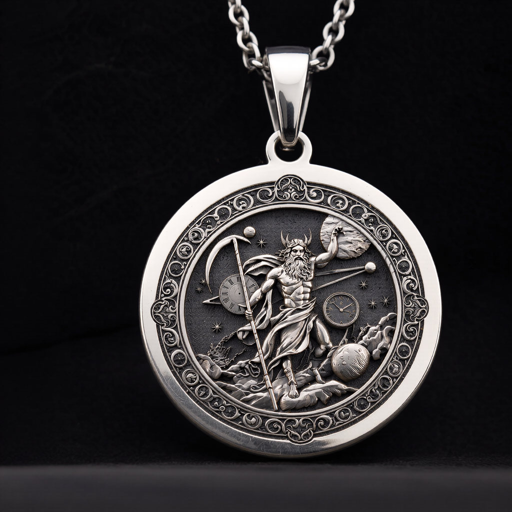925 925 Sterling Silver Cronus Titan Time Lord Necklace Necklaces Oxidized silver pendant featuring a mythological figure design on a round disc necklace.