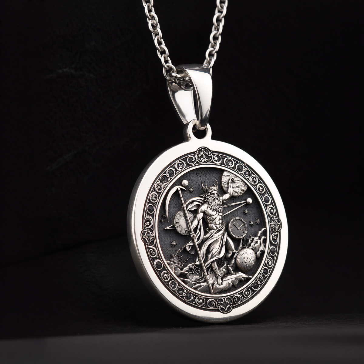 Cronus Titan Time Lord Necklace Necklaces 925 925 Sterling Silver warrior figure pendant with circular motifs on a chain necklace