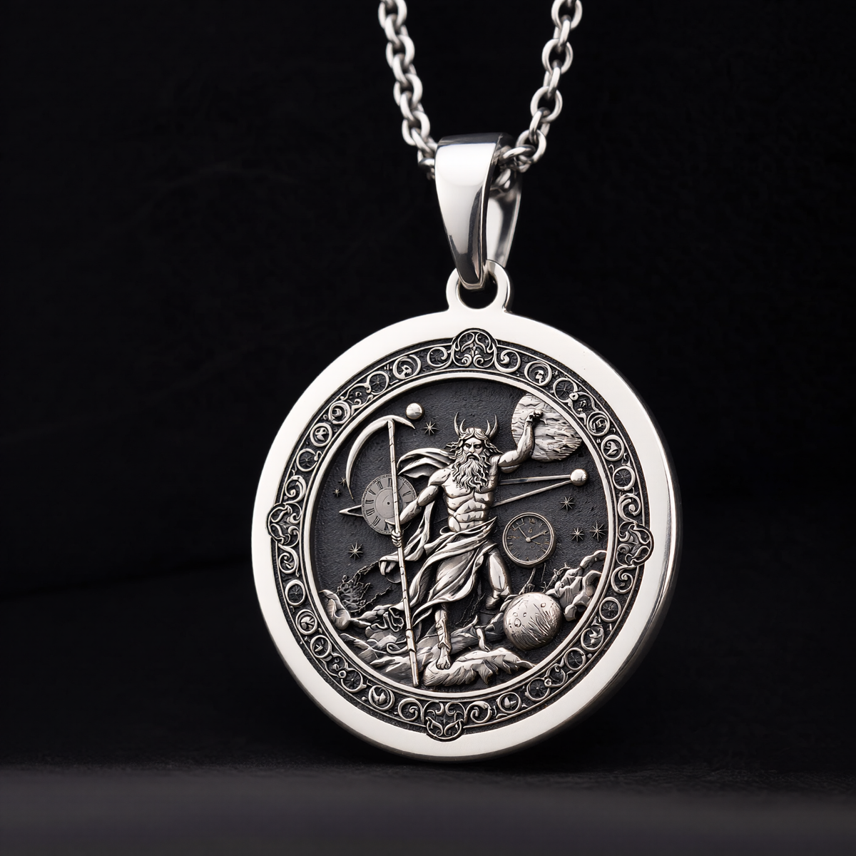 925 925 Sterling Silver Cronus Titan Time Lord Necklace Necklaces Oxidized silver round pendant featuring an engraved classical warrior design on a chain.