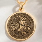 Lagertha Shield Viking Wayfinder Necklace Necklaces 14K 14K Gold Plated pendant necklace featuring an engraved female warrior face with a shield and intricate tribal design.