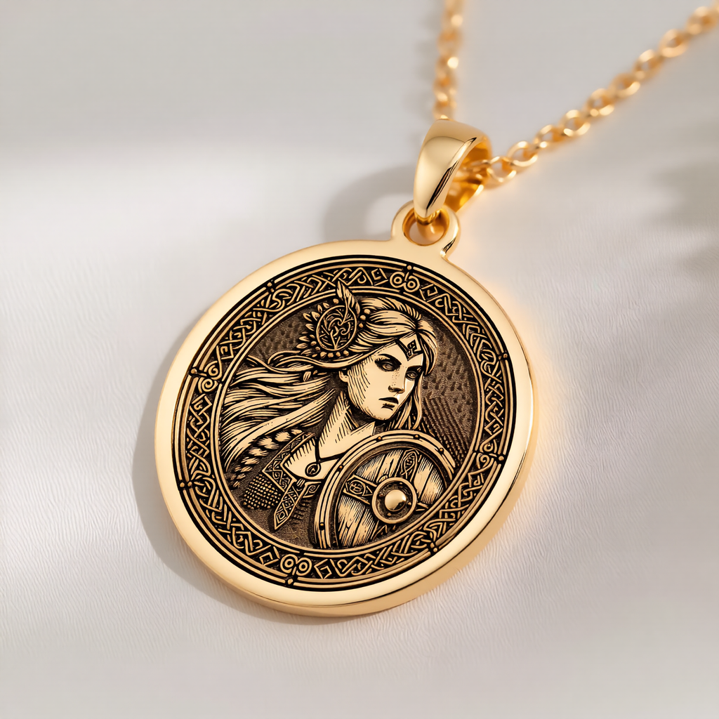 Lagertha Shield Viking Wayfinder Necklace Necklaces 14K 14K Gold Plated pendant necklace featuring an engraved female warrior face design on a circular background.