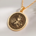 Lagertha Shield Viking Wayfinder Necklace Necklaces 14K 14K Gold Plated pendant necklace featuring an engraved female warrior face design on a circular background.