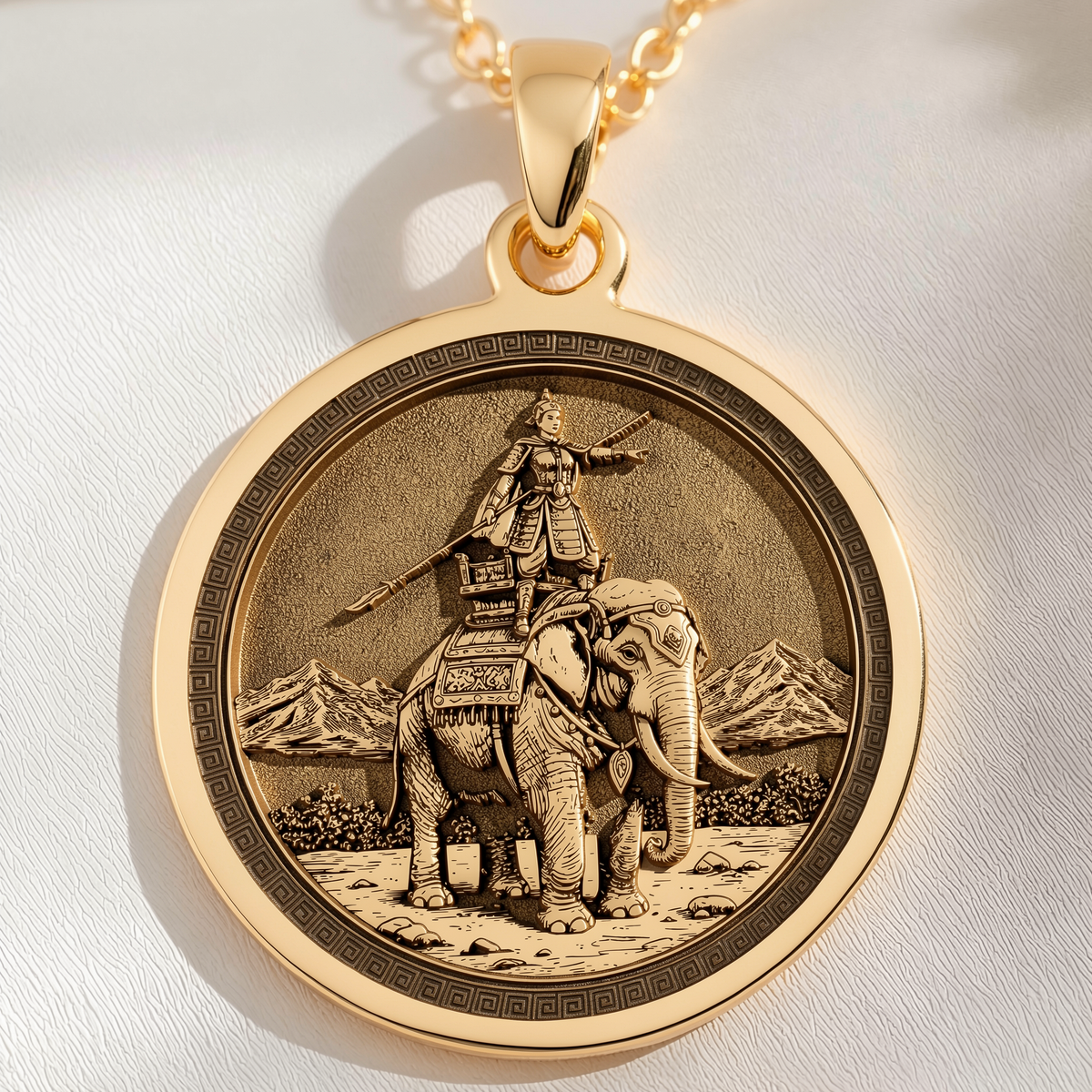 Lady Trieu Warrior Queen Necklace Necklaces 14K 14K Gold Plated pendant featuring a warrior riding an elephant design on a circular background.