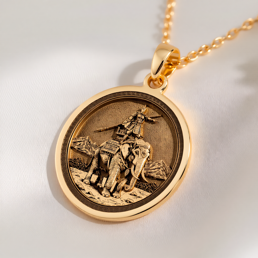 Lady Trieu Warrior Queen Necklace Necklaces 14K 14K Gold Plated pendant featuring a figure riding an elephant on a round disc necklace.