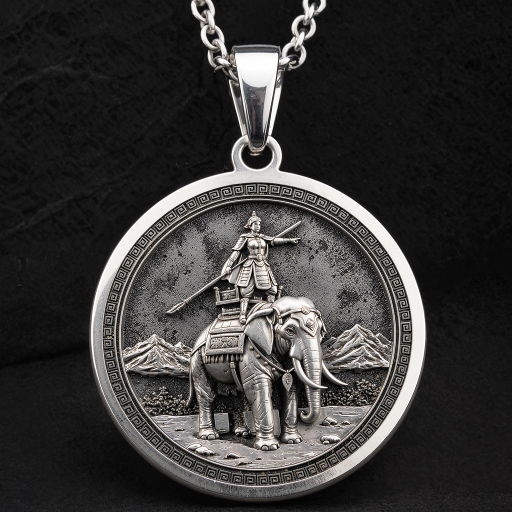 Lady Trieu Warrior Queen Necklace Necklaces 925 925 Sterling Silver pendant featuring a warrior riding an elephant design on a circular frame.