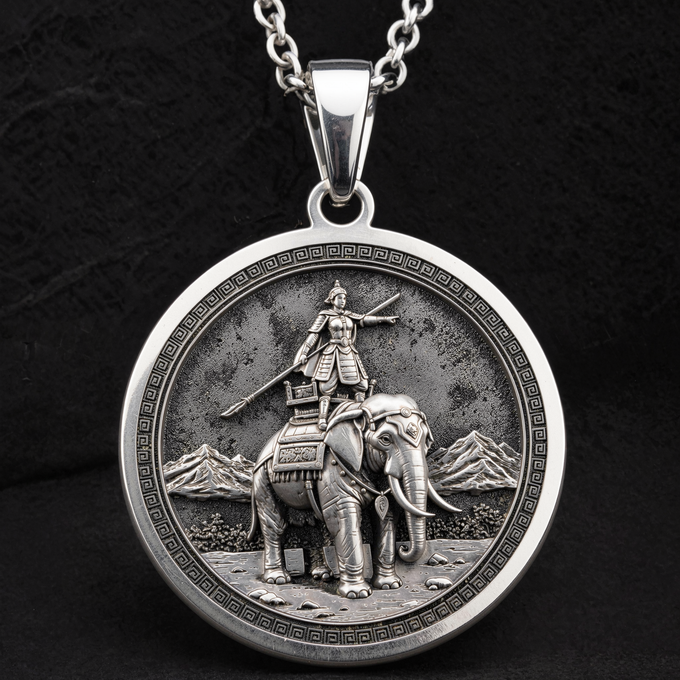 Lady Trieu Warrior Queen Necklace Necklaces 925 925 Sterling Silver pendant featuring a warrior riding an elephant design on a circular frame.