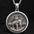 Lady Trieu Warrior Queen Necklace Necklaces 925 925 Sterling Silver pendant featuring a warrior riding an elephant design on a circular frame.