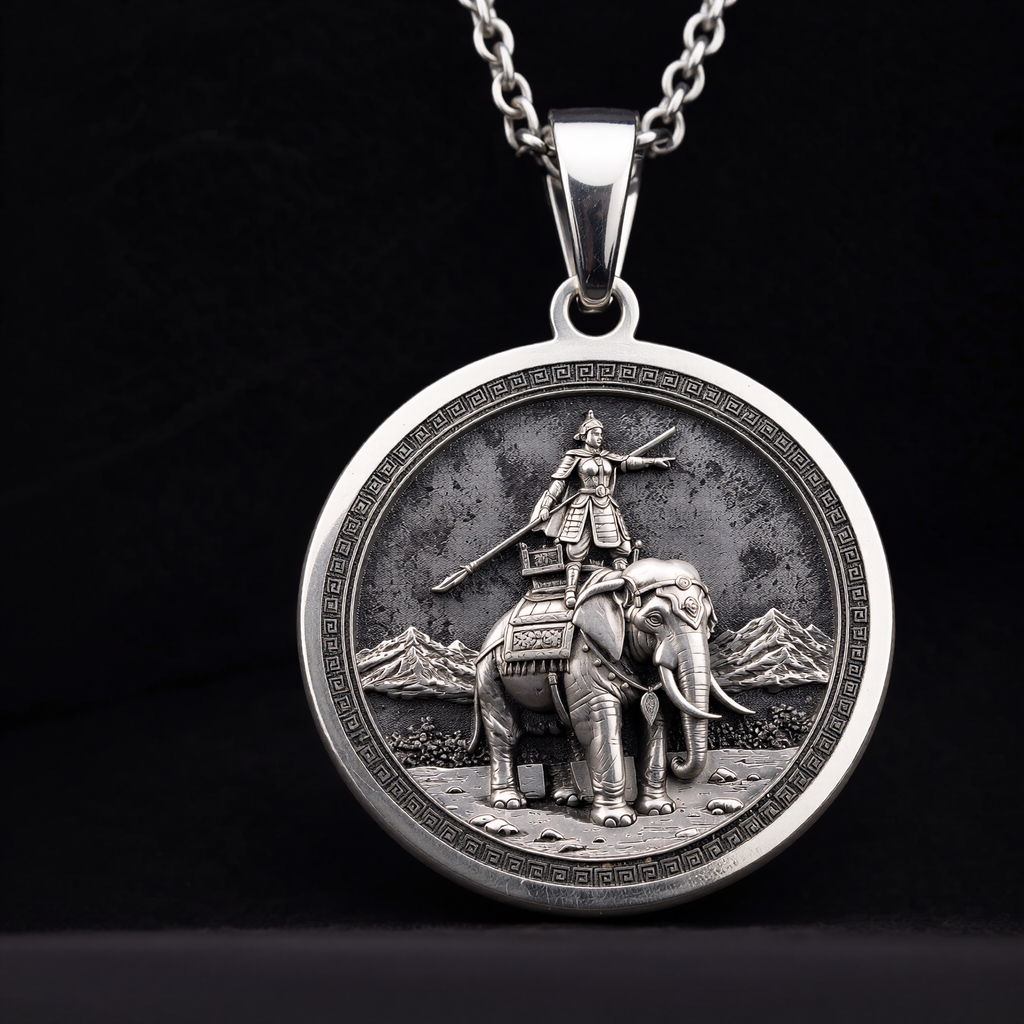 Lady Trieu Warrior Queen Necklace Necklaces 925 925 Sterling Silver warrior riding elephant pendant necklace with detailed border